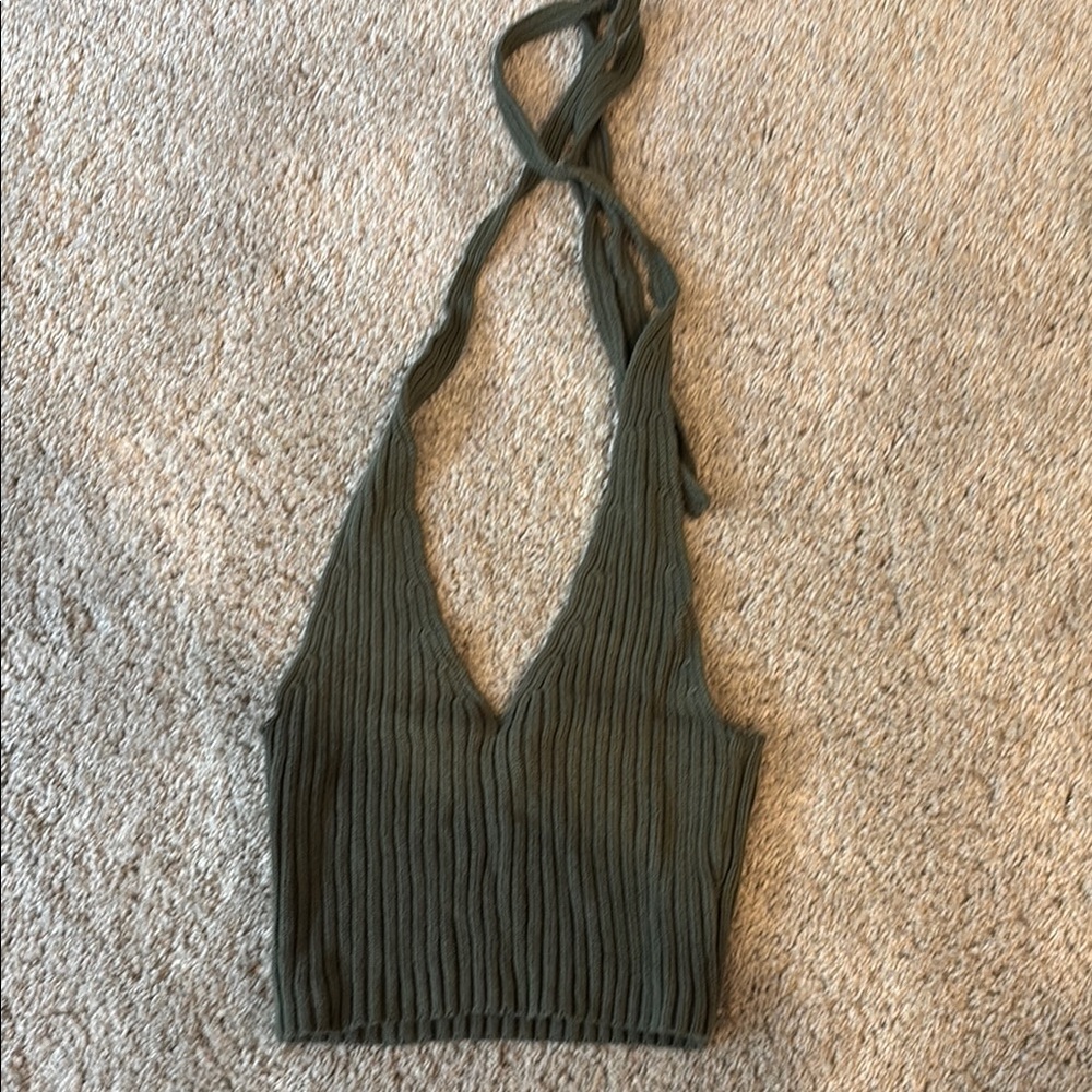 La Hearts Green Ribbed Tie Front Crop Tank